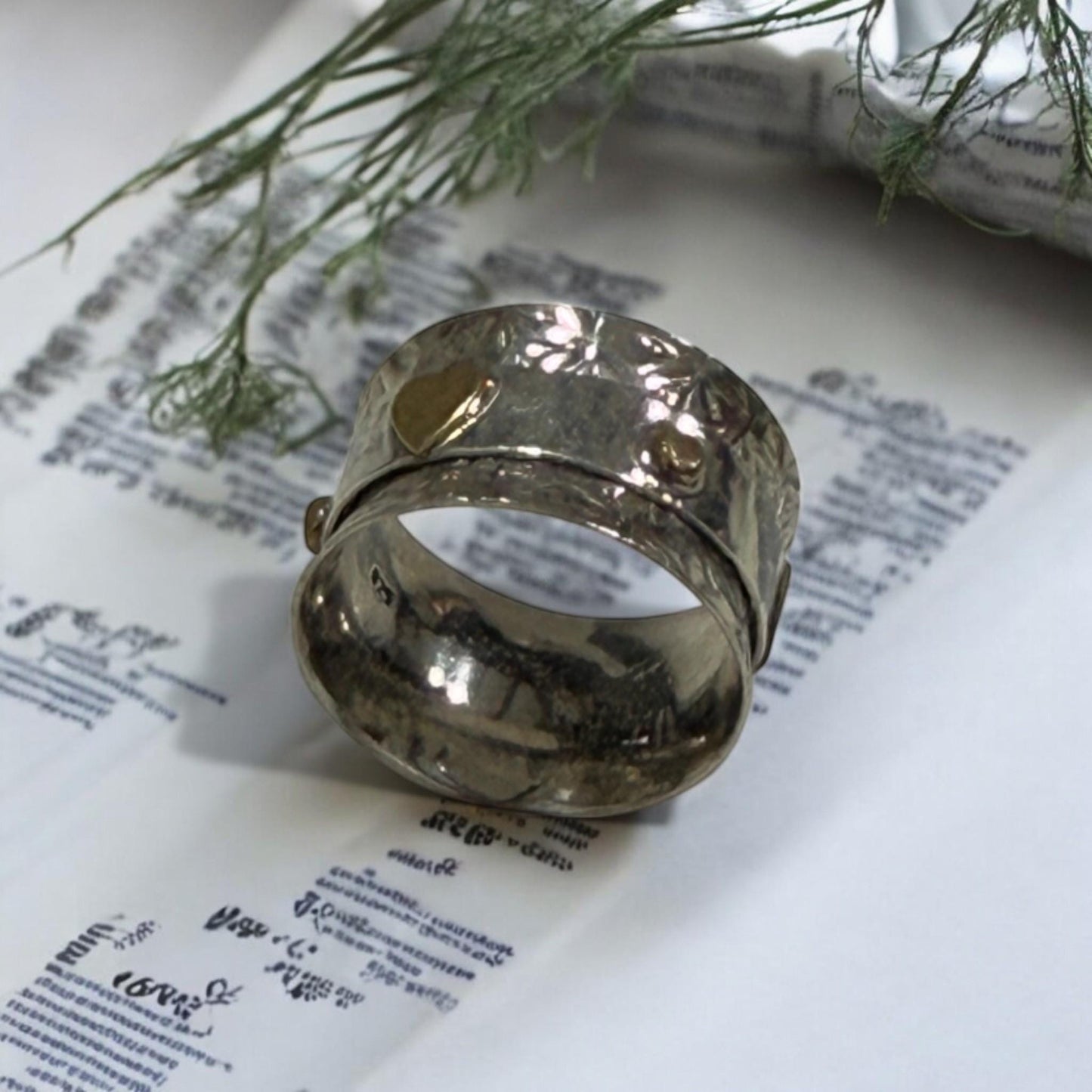 925 Sterling Silver Spinner Ring with Gold Heart – Handmade Textured Meditation Band for Women & Men, Boho Thumb Ring