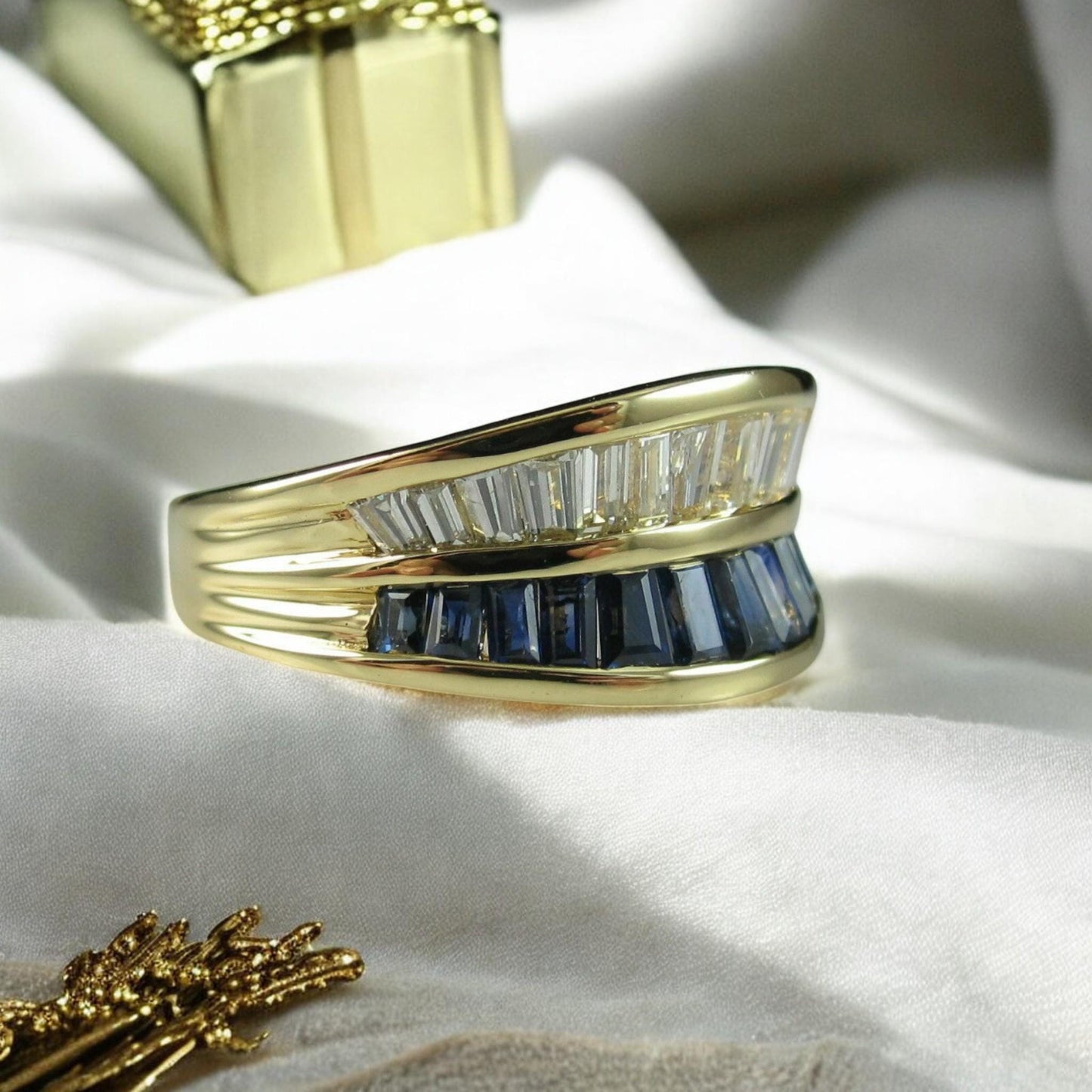 Beautiful Baguette Cut Simulated Sapphire & Diamond Band Ring | 14K Gold Plated 925 Silver Jewelry