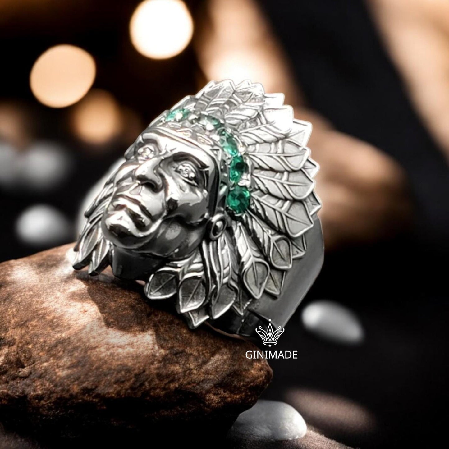 Tribal Chief Ring | 925 Sterling Silver Warrior Band | Bold Men's Statement Ring | Emerald CZ Crown | Handmade Father's Day Gift