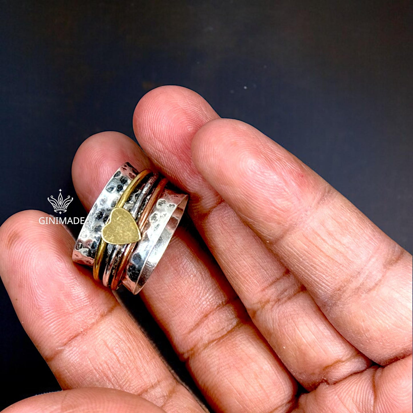 Heart Spinner Ring | Sterling Silver Mixed Metal Fidget Ring Handmade Wide Band Boho Ring | Brass Copper Accent | GINIMADE