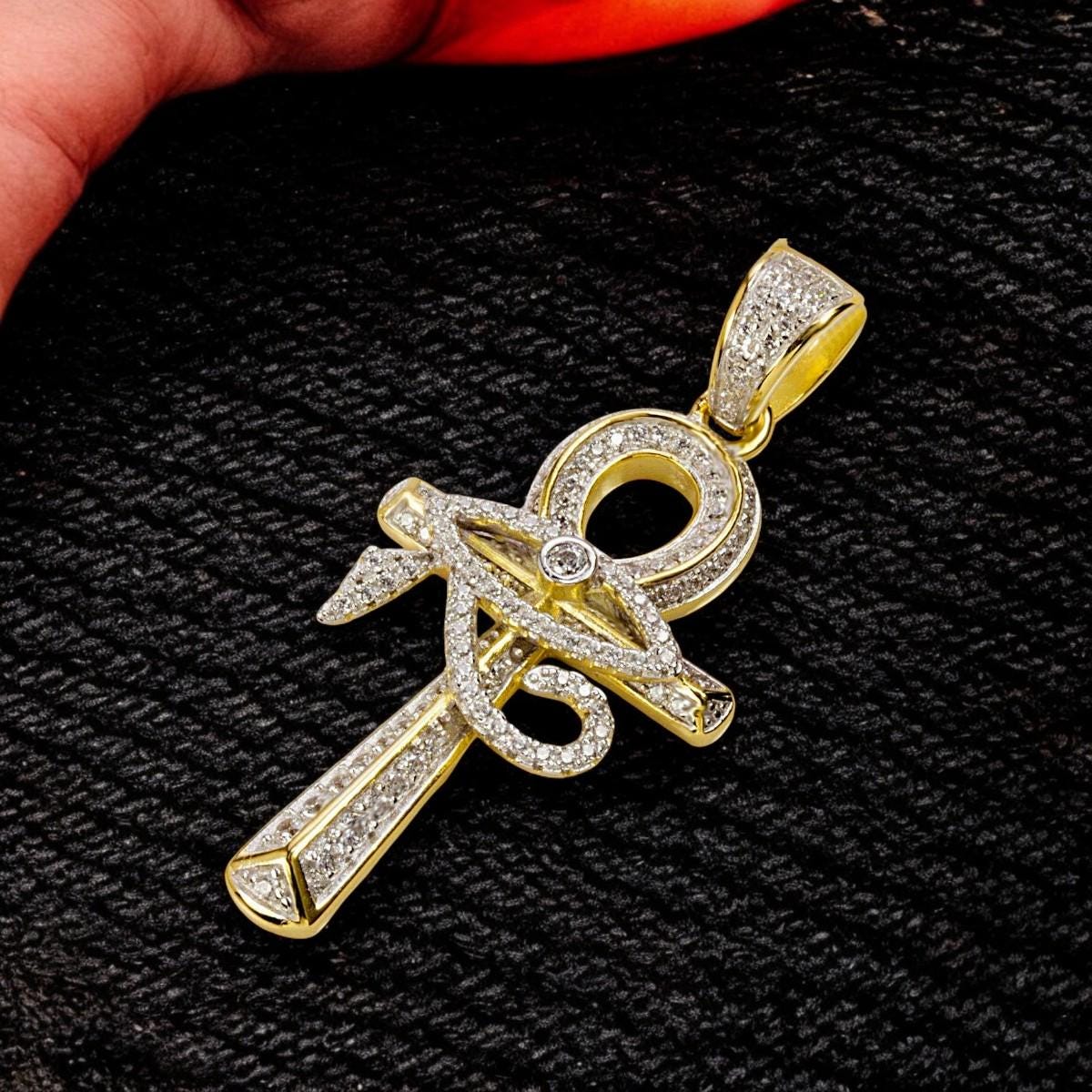 Ankh Cross Necklace • Eye of Horus Pendant • 925 Sterling Silver with CZ Stones • Gold Plated Minimalist Jewelry