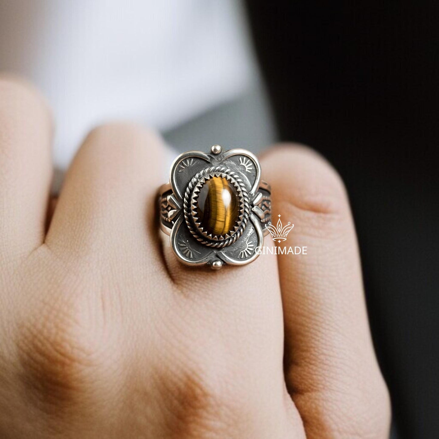 Vintage Tiger Eye Statement Ring  Sterling Silver Boho Ring for Men & Women  Southwestern Tribal Jewelry  Handmade Gemstone Ring Gift
