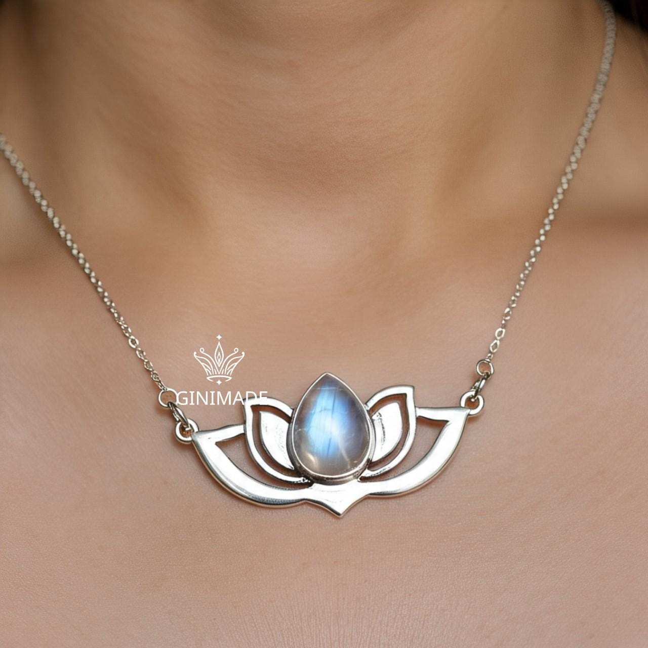 Moonstone Lotus Necklace, Silver or Gold Pendant Necklace, Handmade Jewelry for Women, Dainty Necklace Gift for Her, Spiritual Boho Jewelry