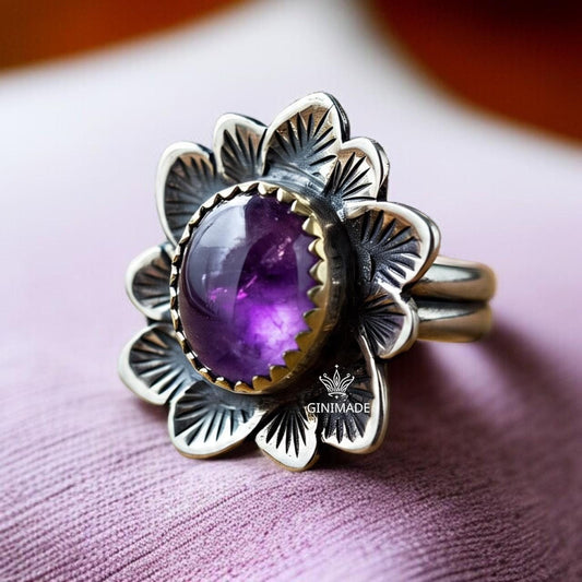 Handcrafted Mix metal Amethyst Ring – Silver Floral Leaf Design – Nature-Inspired Boho Jewelry