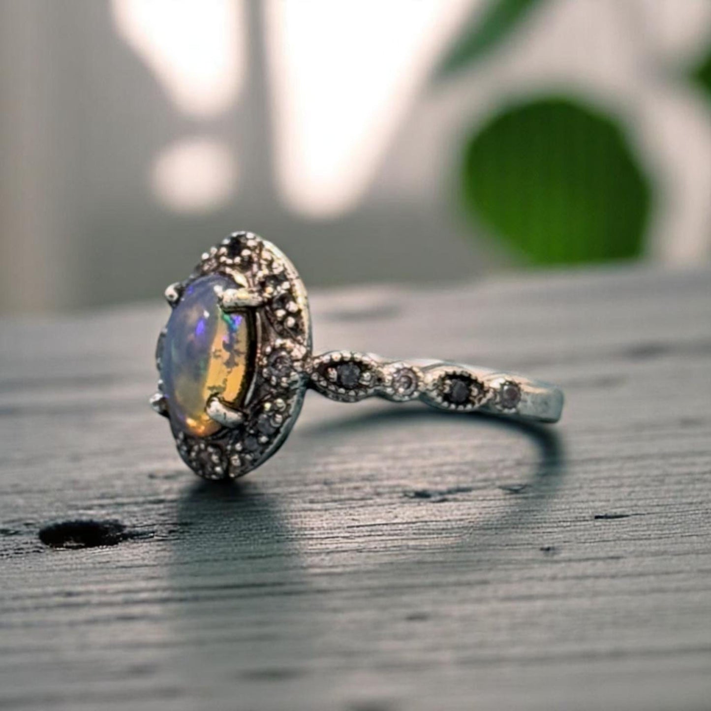 Boho Natural Opal Ring in 925 Sterling Silver – Oval Gemstone with CZ Diamond Accents, Vintage-Inspired Bohemian Jewelry