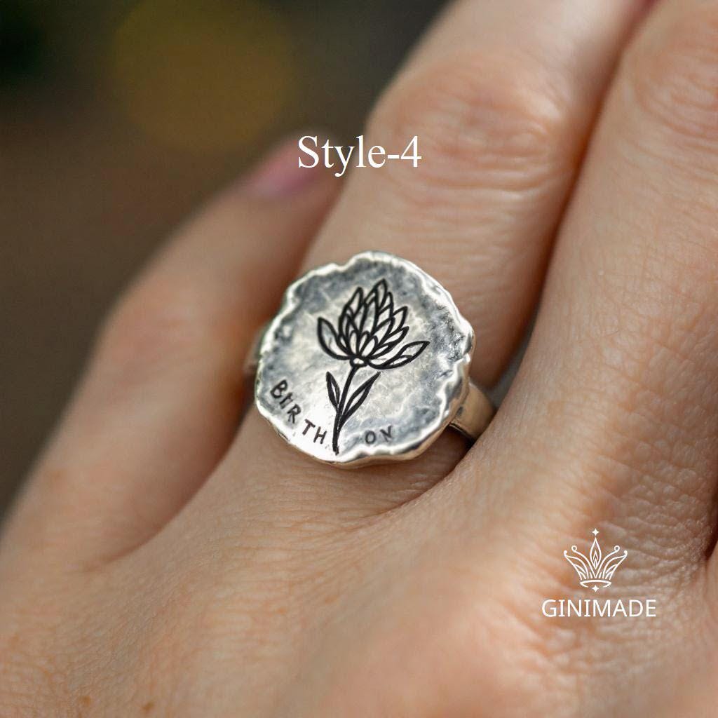 Personalized Birth Flower Ring •  Handmade Family Birth Month Bouquet Ring • Engraved Floral Ring for Mom, Grandma, or Her