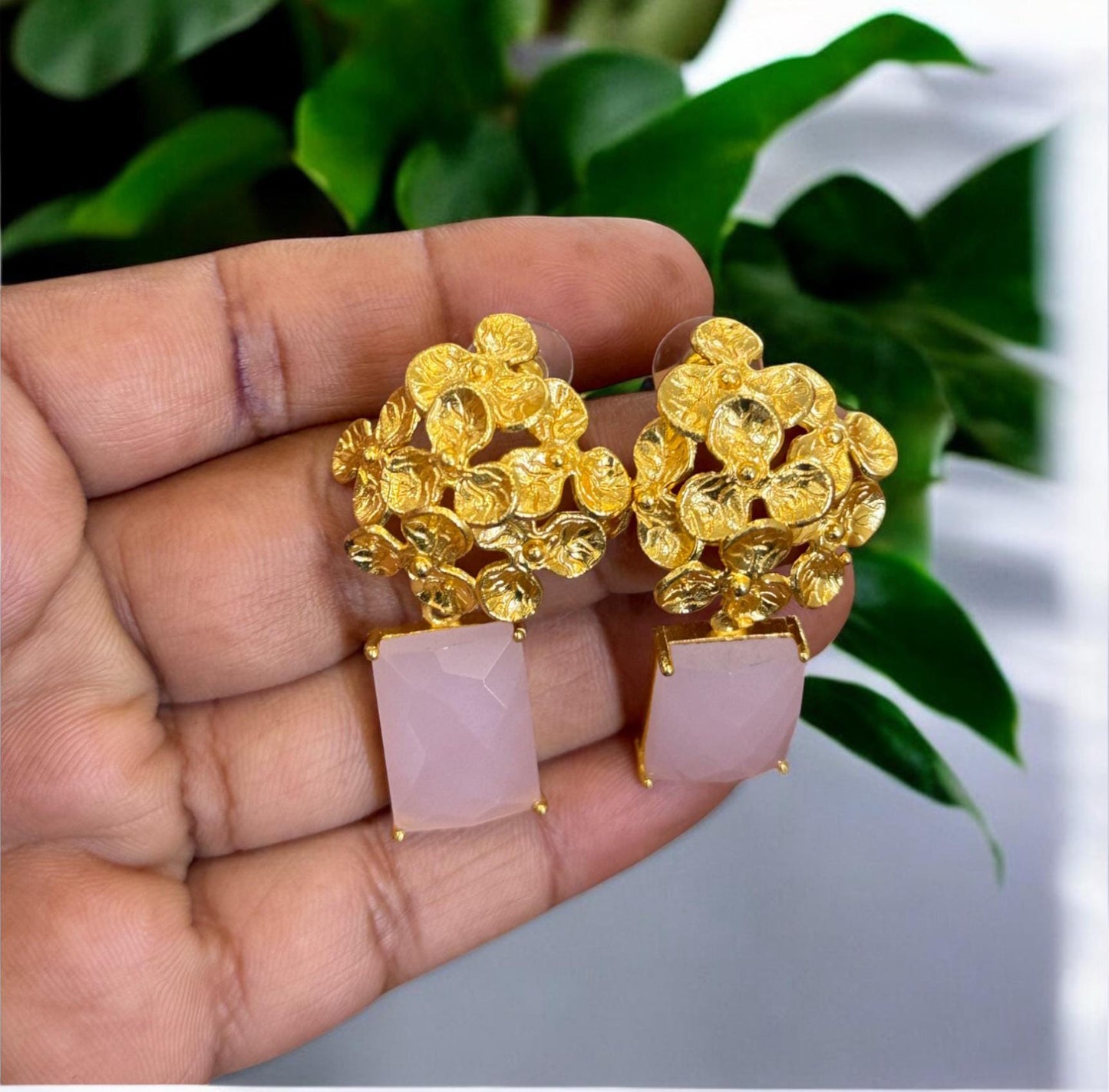 Handmade Floral Brass Earrings with Pink Chalcedony | Gold Plated Statement Dangle Earrings | Boho Wedding Jewelry | Gift for Her