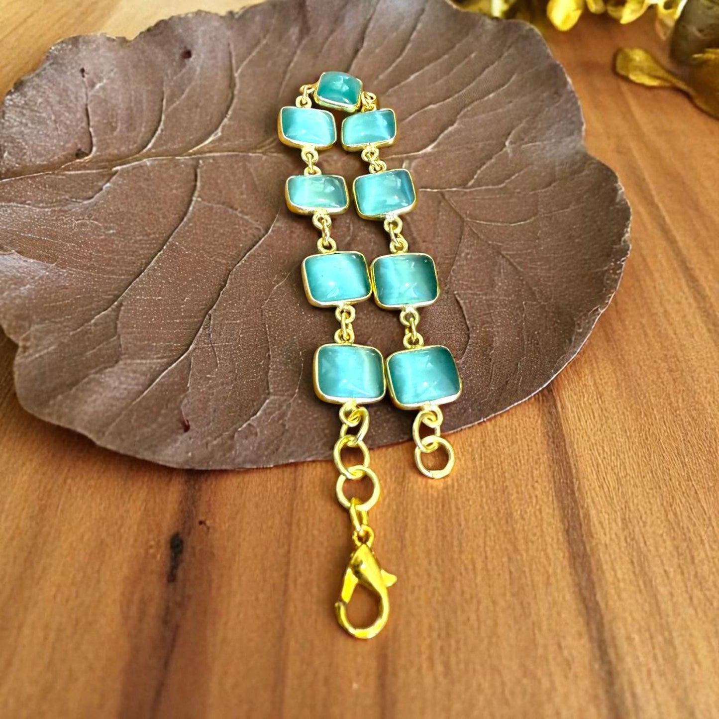 Dainty Handmade Bracelet for Women – Green Glass Stone Jewelry – Gold-Plated Brass Bracelet – Minimalist Gift for Her