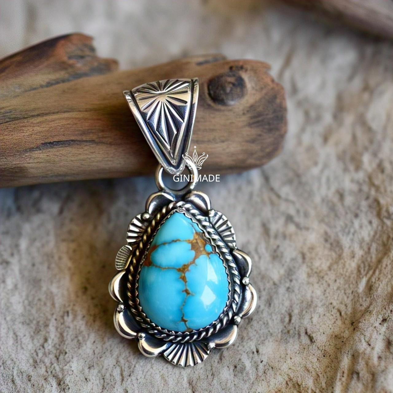 Copper turquoise Pendant Pear – 925 Sterling Silver Boho Necklace, Natural Gemstone Jewelry, Handmade Vintage Gift for Her