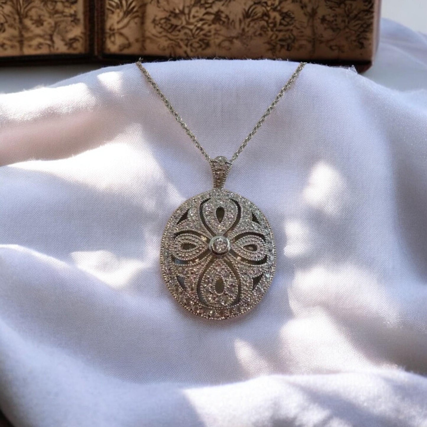 Vintage Italy Silver 925 Diffuser Locket CZ Diamond Pendant with thin chain,Floral Filigree Locket gift for her.
