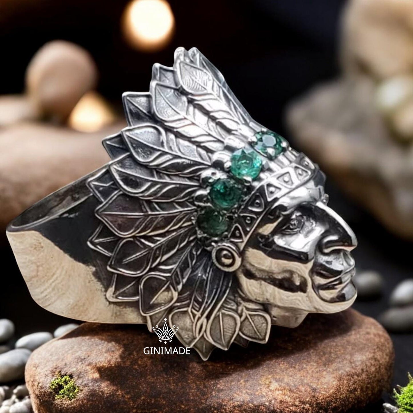 Tribal Chief Ring | 925 Sterling Silver Warrior Band | Bold Men's Statement Ring | Emerald CZ Crown | Handmade Father's Day Gift