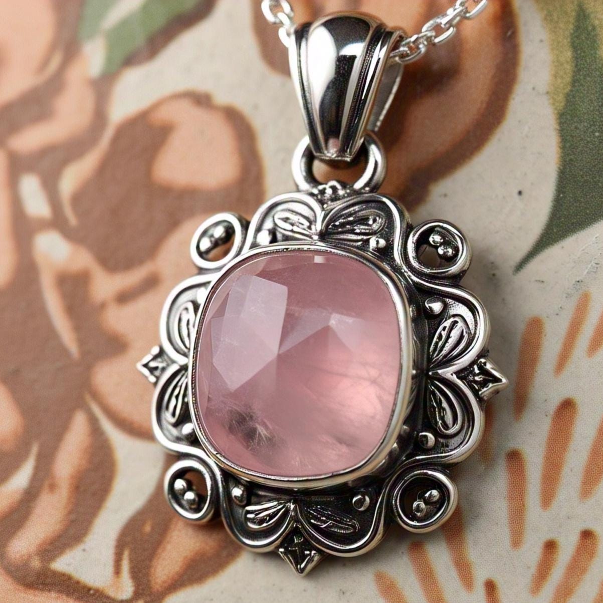 Rose Quartz Pendant Necklace, Boho Chic Jewelry, Sterling Silver, Gift for Her.
