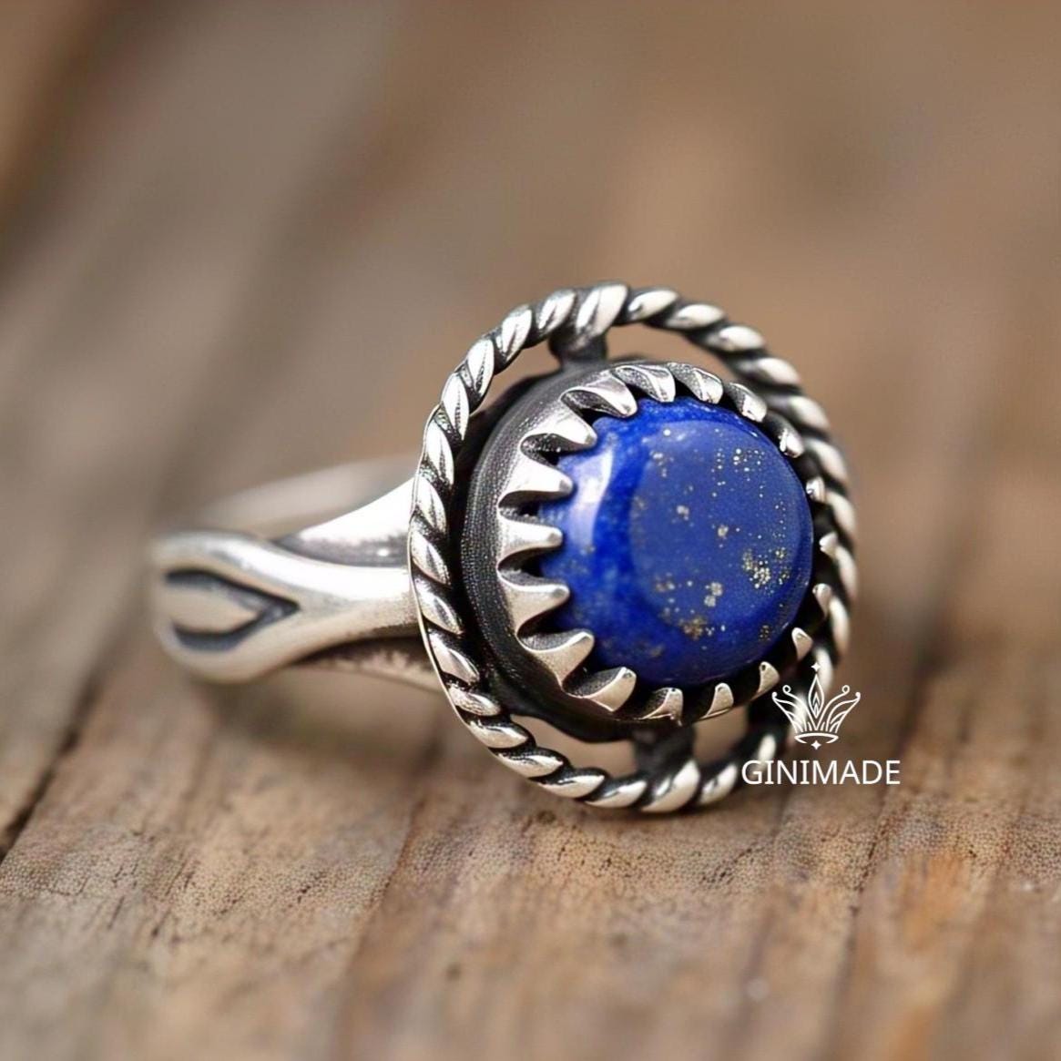 Boho Natural Vintage-Inspired Bohemian Jewelry Lapis Lazuli Ring – Round Gemstone in 925 Sterling Silver,, Handmade Statement Gift for Her
