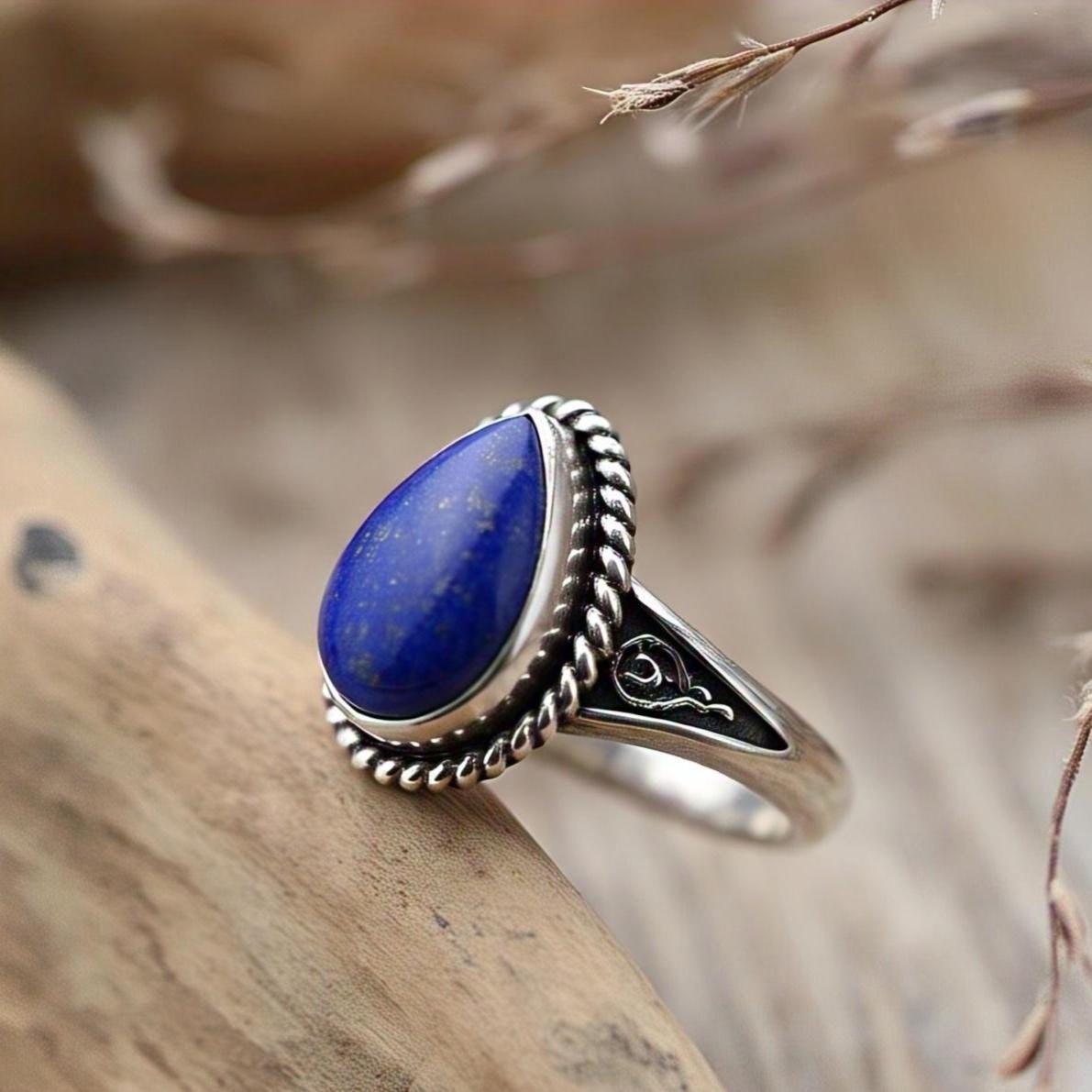 Lapis Lazuli Ring – Pear Gemstone in 925 Sterling Silver, Boho Natural Vintage-Inspired Bohemian Jewelry, Handmade Statement Gift for Her