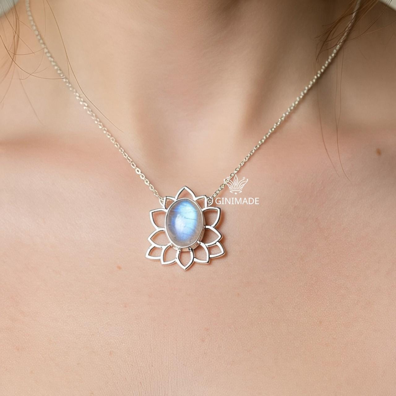 Moonstone Lotus Necklace, Silver or Gold Pendant Necklace, Handmade Jewelry for Women, Dainty Necklace Gift for Her, Spiritual Boho Jewelry
