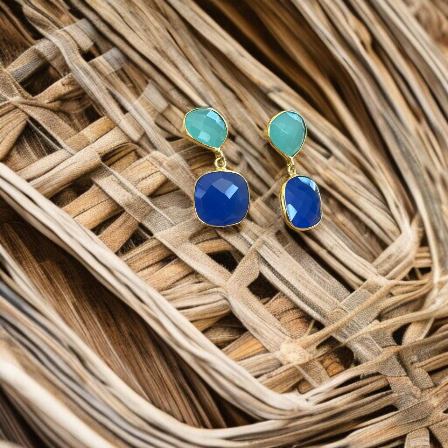 Minimalist Green & Blue Gemstone Earrings | Handmade Gold Plated Dangle Earrings | Brass Drop Jewelry Gift for Her