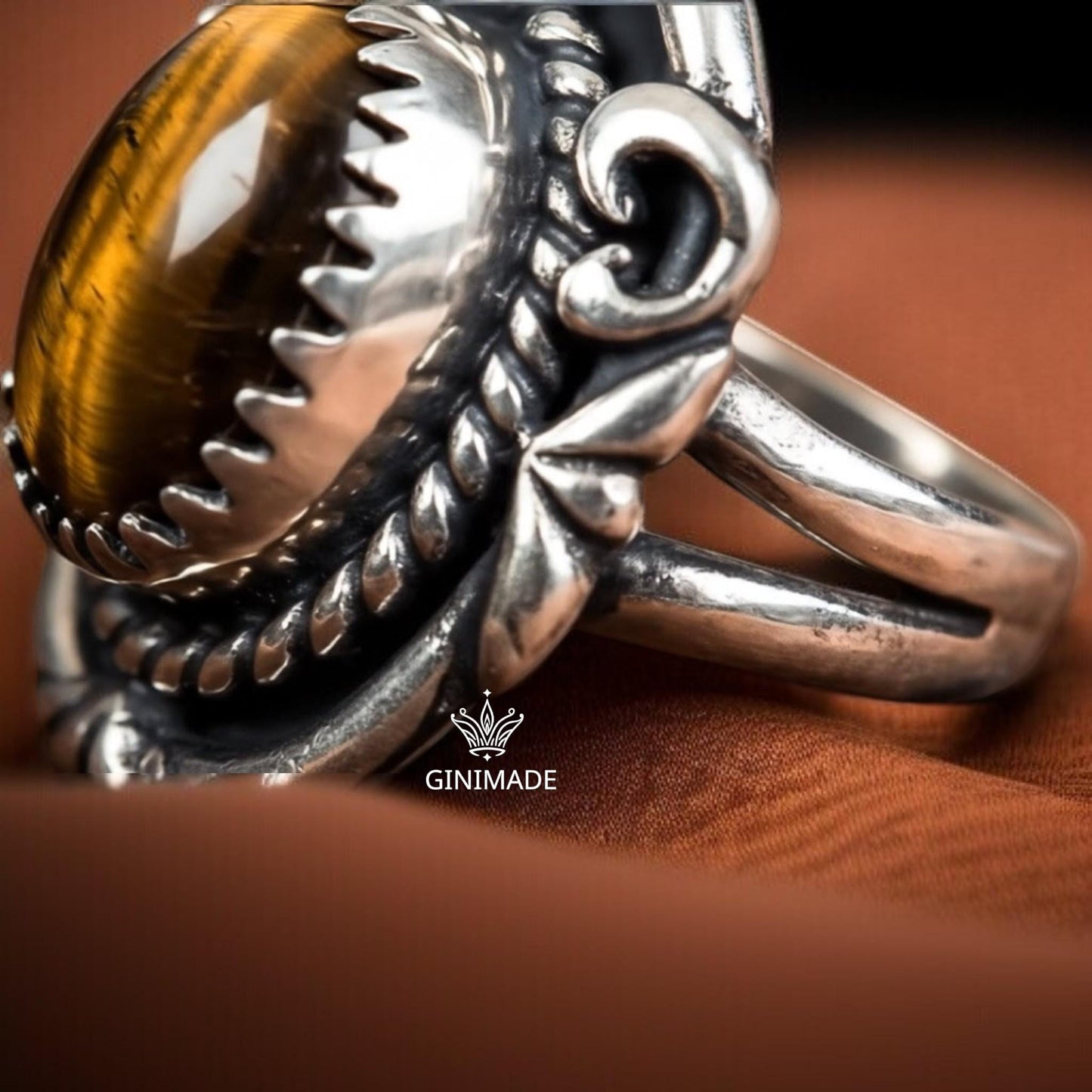 Tiger Eye Statement Ring – Bold Sterling Silver Gemstone Ring – Boho Vintage Tribal Jewelry – Handmade Ginimade Ring