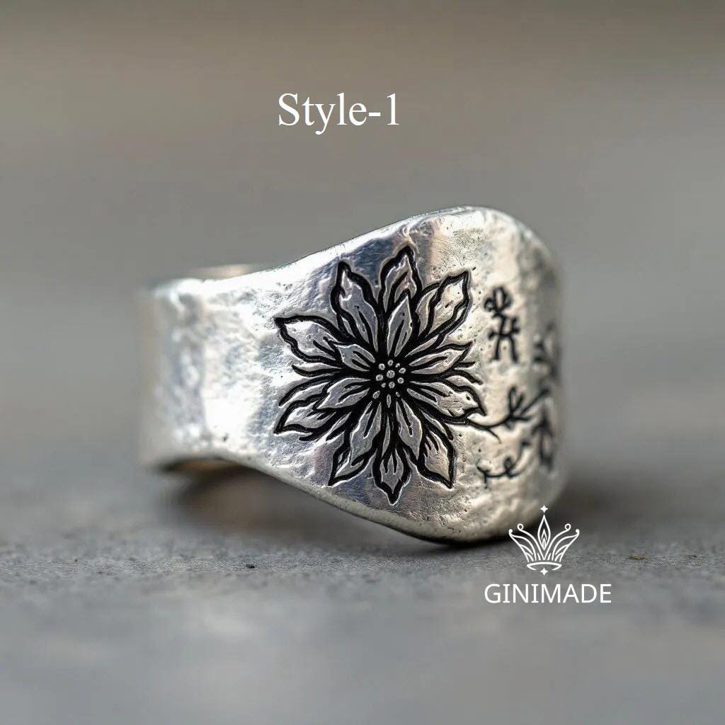 Personalized Birth Flower Ring •  Handmade Family Birth Month Bouquet Ring • Engraved Floral Ring for Mom, Grandma, or Her