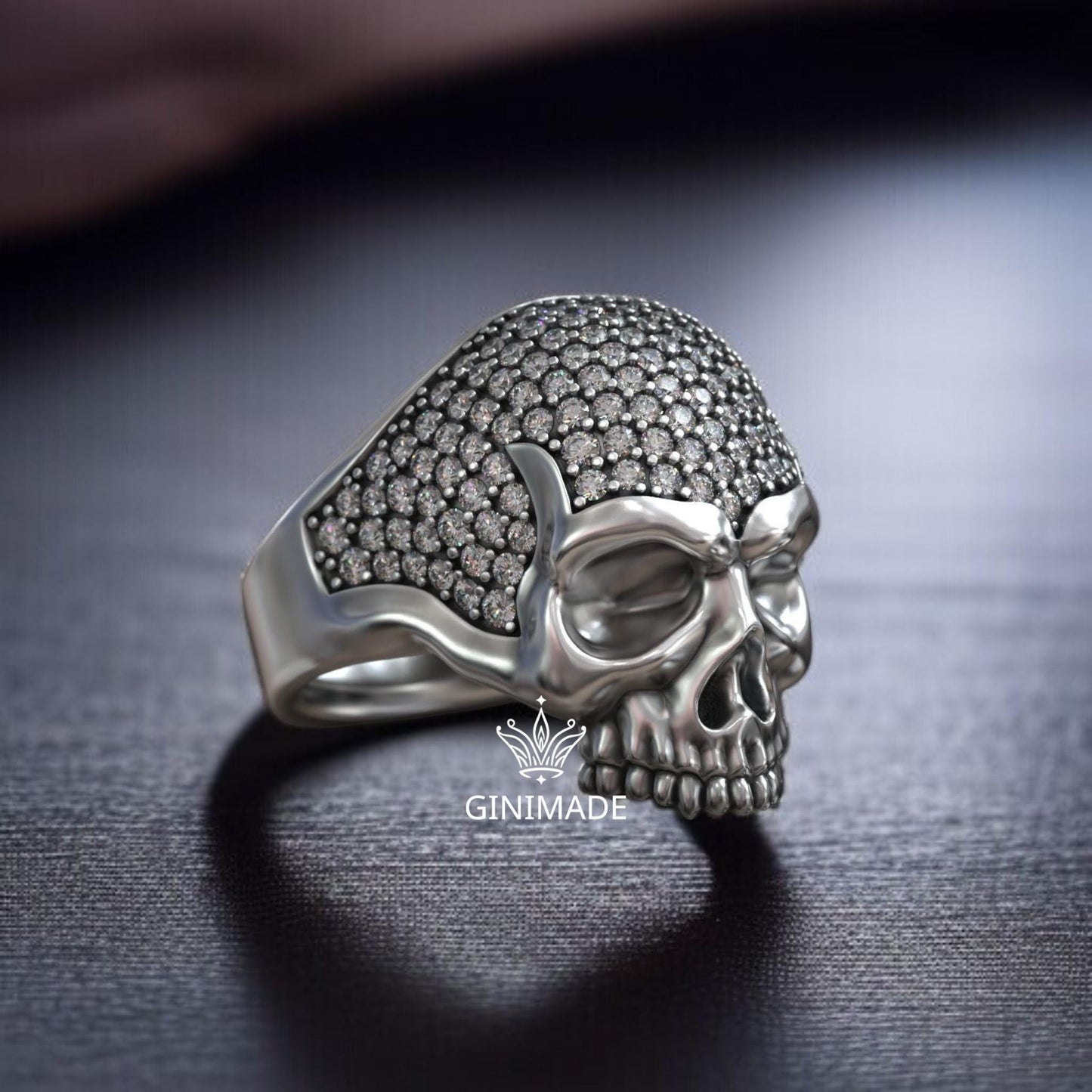 Diamond Skull Ring for Men – Sterling Silver Gothic Skull Head Ring – Iced Out Punk Biker Jewelry – Handmade Statement Ring by Ginimade