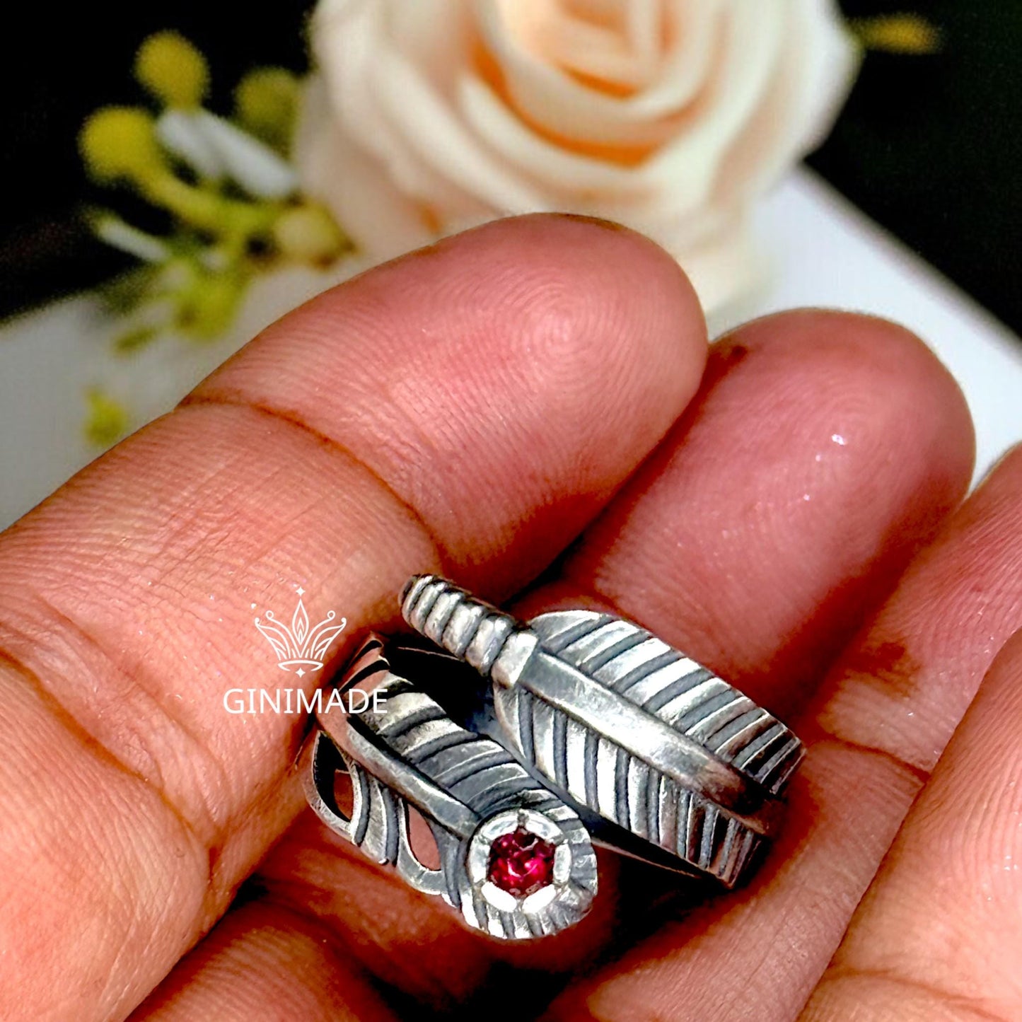 Feather Wrap Ring with Natural Rhodolite | 925 Sterling Silver Boho Ring | Adjustable Bird Feather Ring | Gift for Her | Handmade Jewelry.