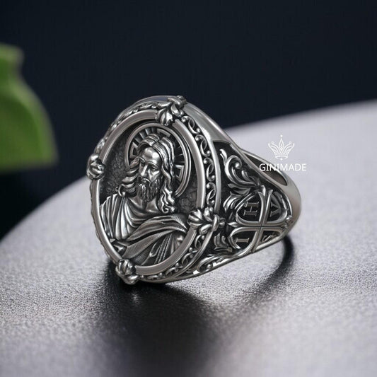 Personalized Jesus Christ Signet Ring | Sterling Silver Religious Ring for Men | Christian IHSV Cross Engraved Ring | Faith Gift for Him