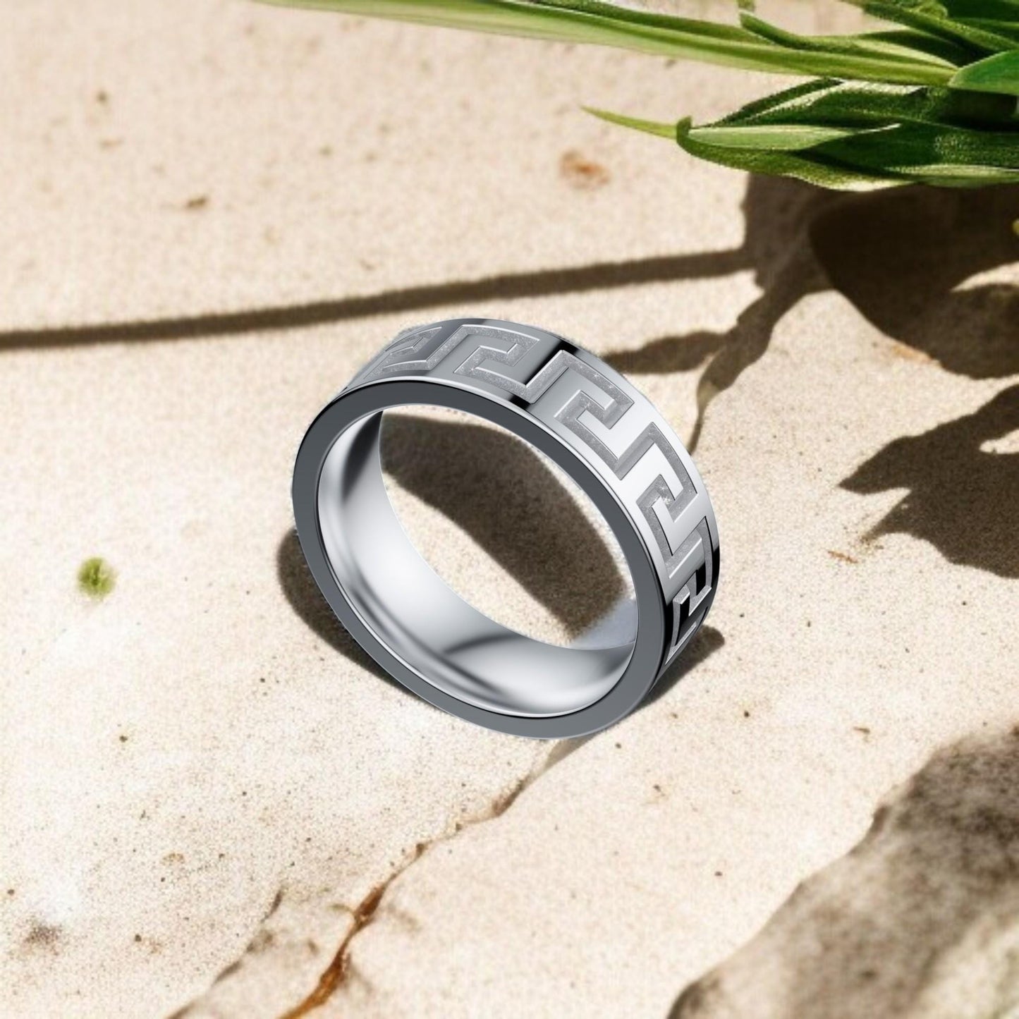 Greek Key Ring 925 Sterling Silver | Men’s Meander Pattern Band | Classic Greek Design Ring for Him | Unisex Silver Statement Jewelry