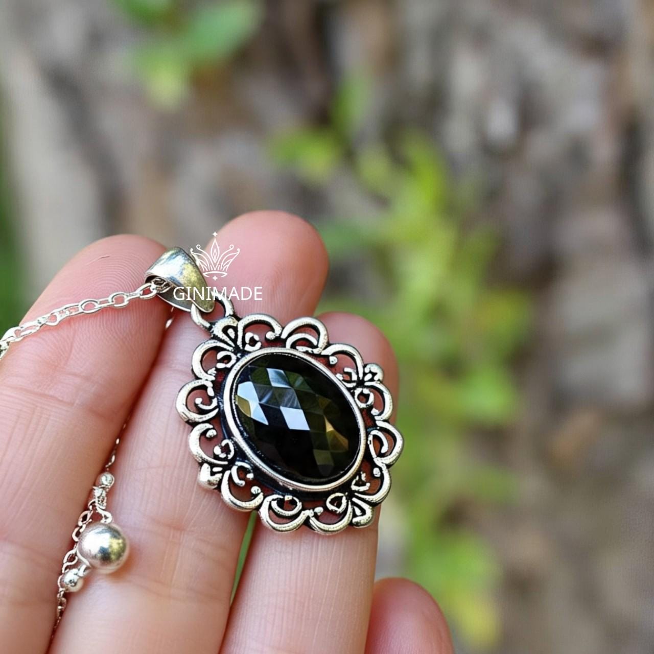 Handcrafted Black Onyx Pendant in Vintage Sterling Silver | Boho Gothic Oval Gemstone Necklace | Artisan Indian Jewelry Gift for Her
