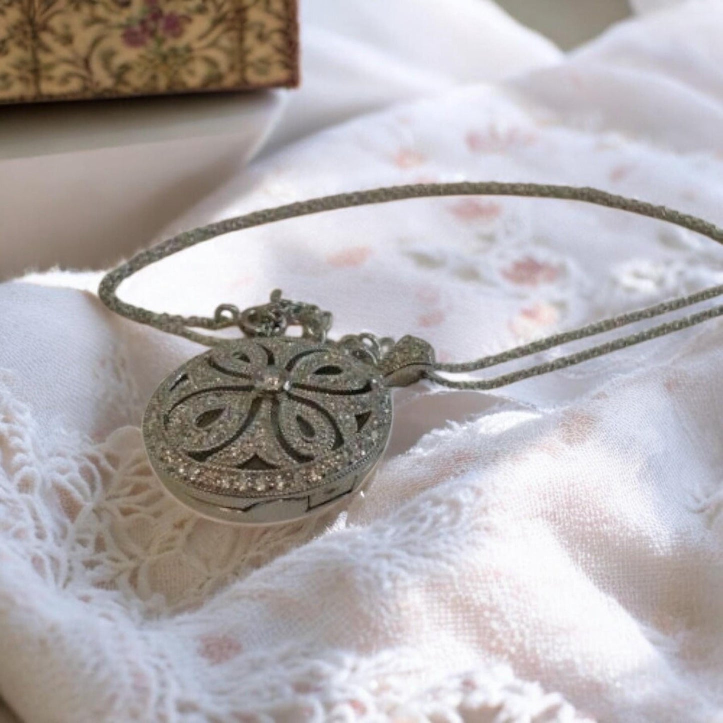 Vintage Italy Silver 925 Diffuser Locket CZ Diamond Pendant with thin chain,Floral Filigree Locket gift for her.