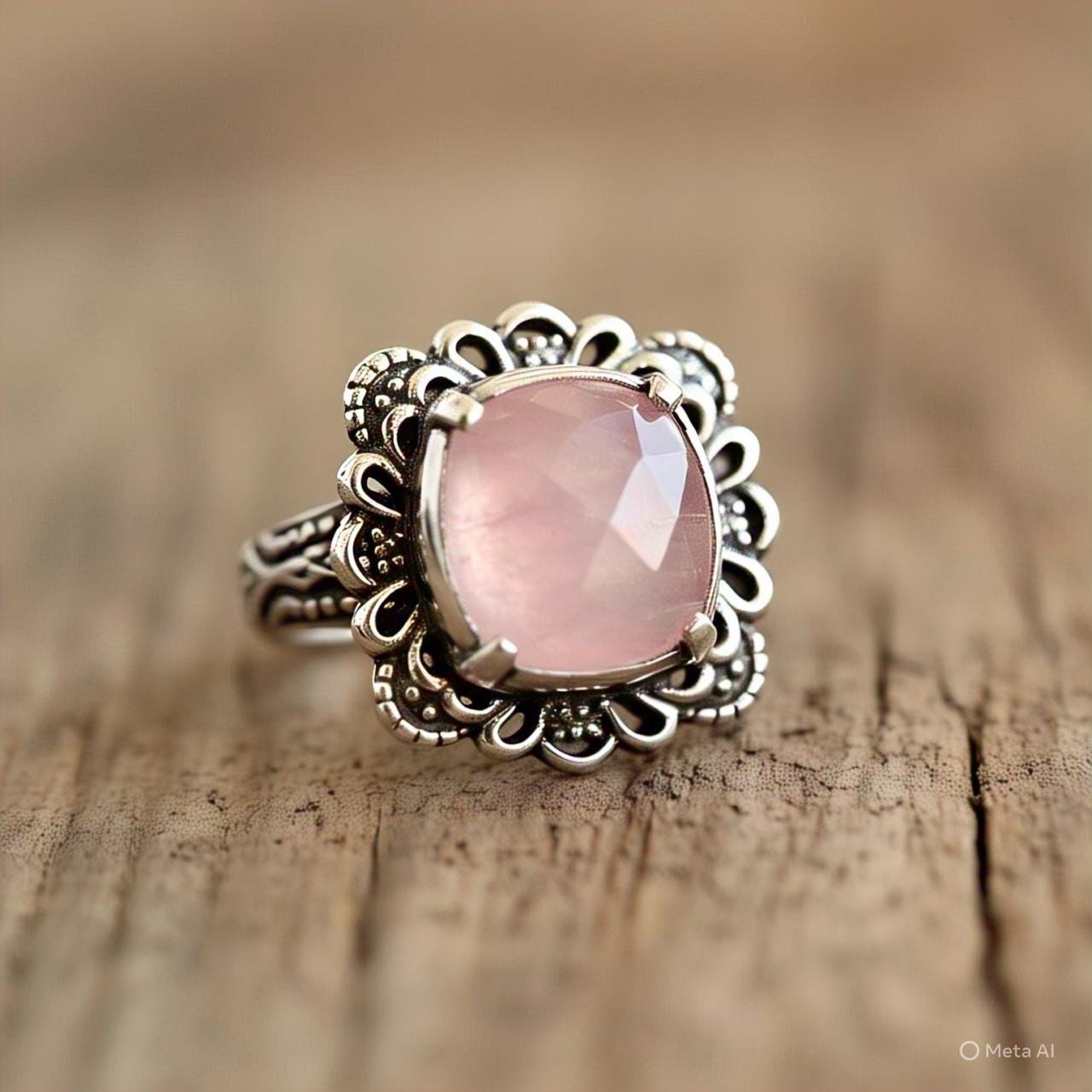 Boho Rose Quartz Ring in 925 Sterling Silver Cushion Cut Gemstone Ring Natural Rose Quartz Jewelry Bohemian Vintage Style Ring Gift for Her