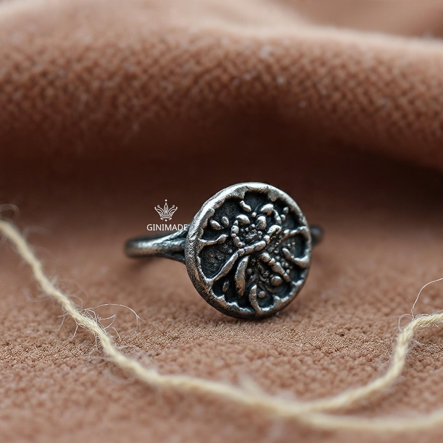 Unique Silver Ring – Handmade Rustic Botanical Ring – One of a Kind Oxidized Flower Ring – Artisan Round Nature Ring by Ginimade