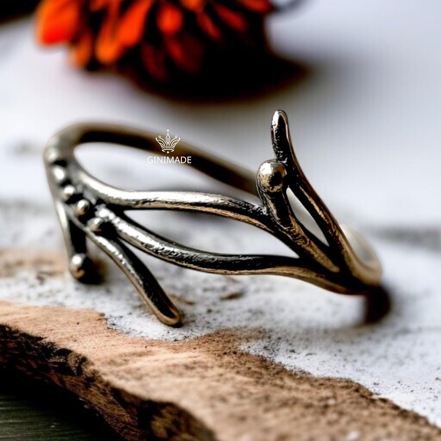 Twig Branch Ring in 925 Sterling Silver – Nature Inspired Adjustable Statement Ring for Women | Forest Jewelry | Ginimade Handmade Ring