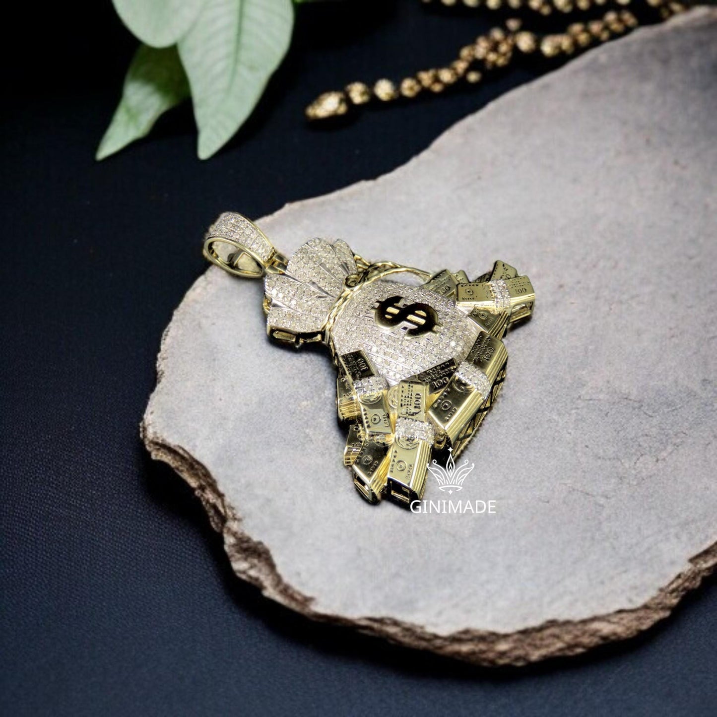 Money Bag Pendant with Dollar Sign – Iced Out Gold & Diamond Simulated Hip Hop Necklace | Statement Jewelry for Men