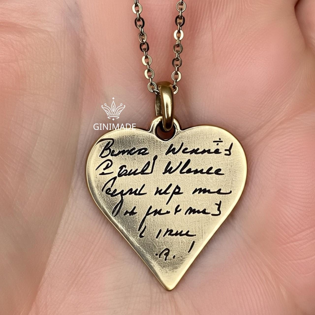 Custom Handwriting Heart Necklace – Black Oxidized Memorial Jewelry, Your Signature Engraved, Brass Heart Pendant –Personalized Couple Gift.