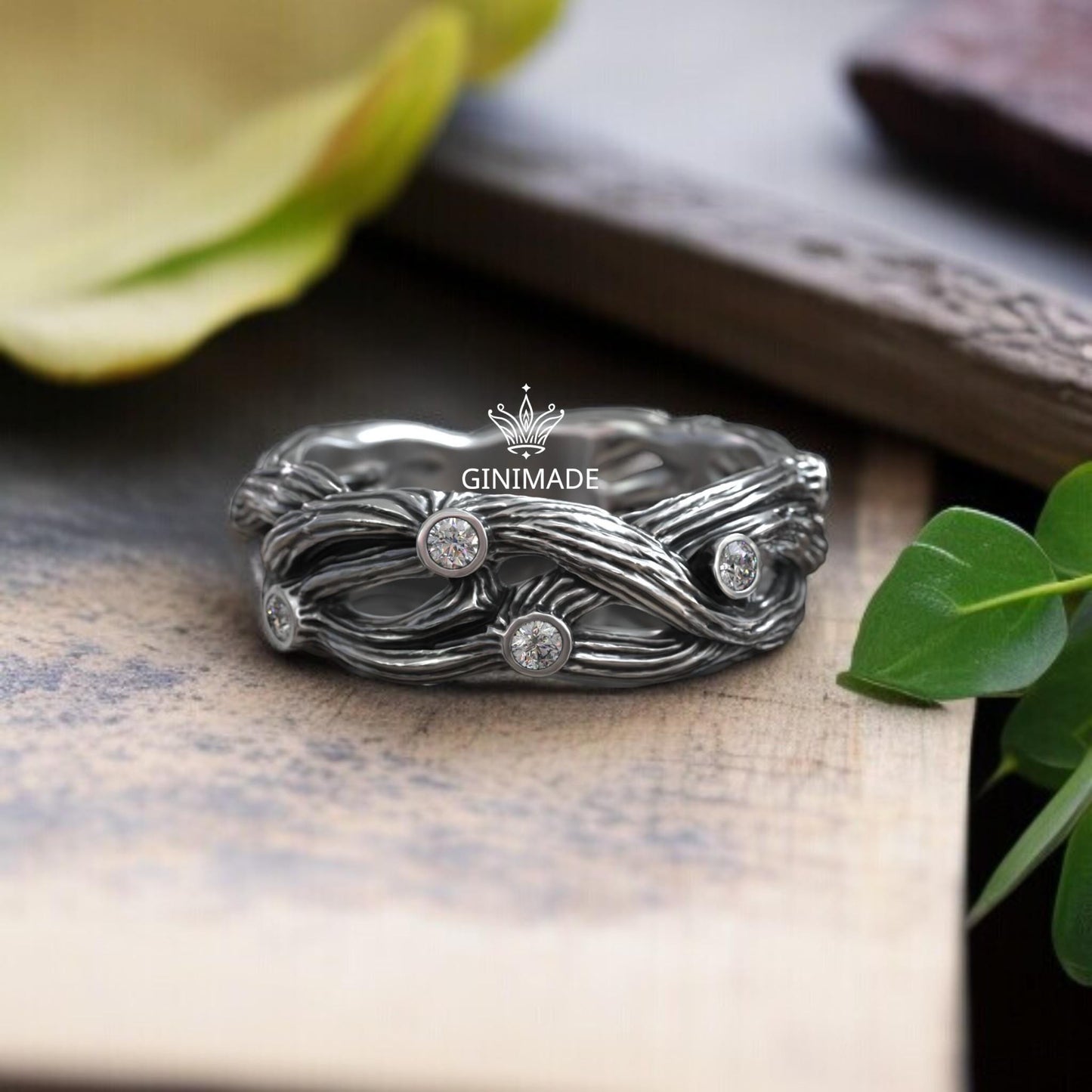Boho Nature-Inspired Branch Ring – Sterling Silver Tree Bark Band with Diamonds – Organic Woodland Engagement or Promise Ring