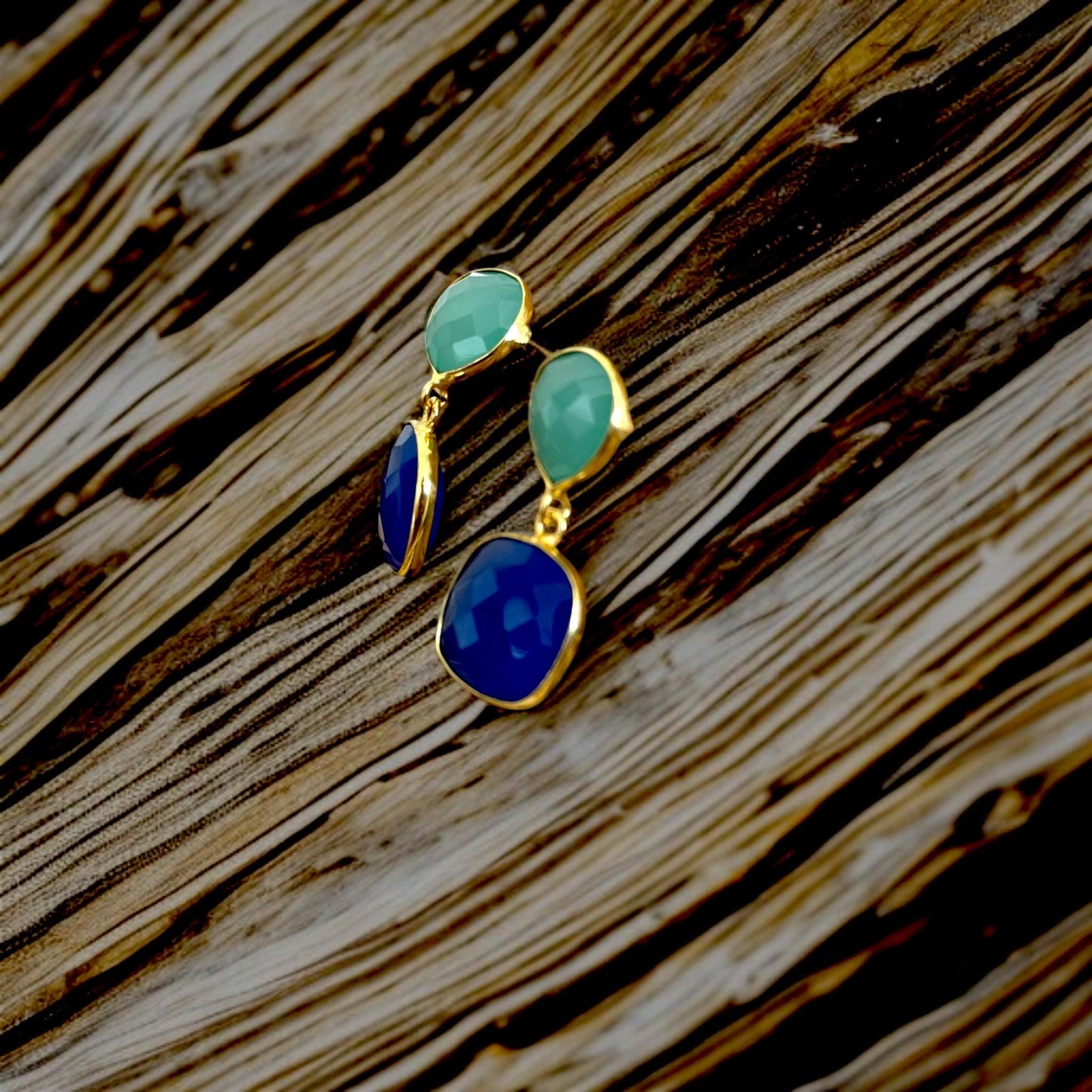 Minimalist Green & Blue Gemstone Earrings | Handmade Gold Plated Dangle Earrings | Brass Drop Jewelry Gift for Her