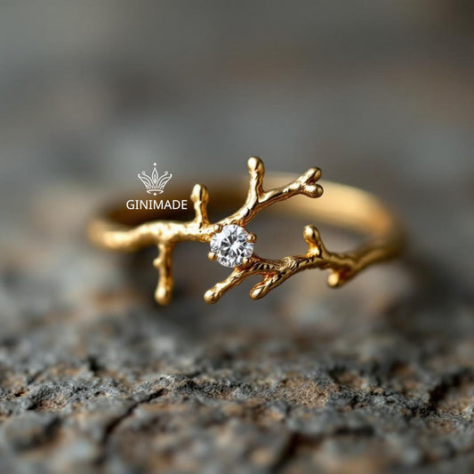 Gold Twig Branch Ring with CZ Diamond | Nature Inspired Gold Plated Band | Woodland Engagement Ring | Dainty Tree Branch Jewelry Gift