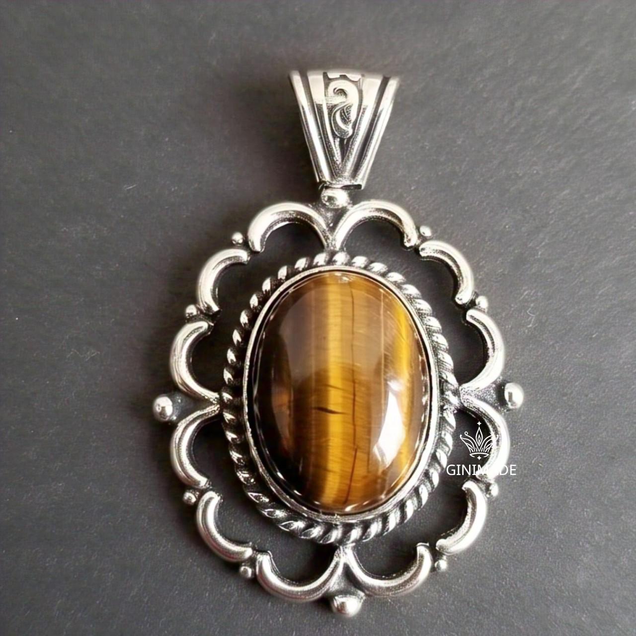 Handmade Boho Tiger Eye Pendant | Sterling Silver Gemstone Jewelry | Vintage Style Oval Necklace | Bohemian Statement Pendant