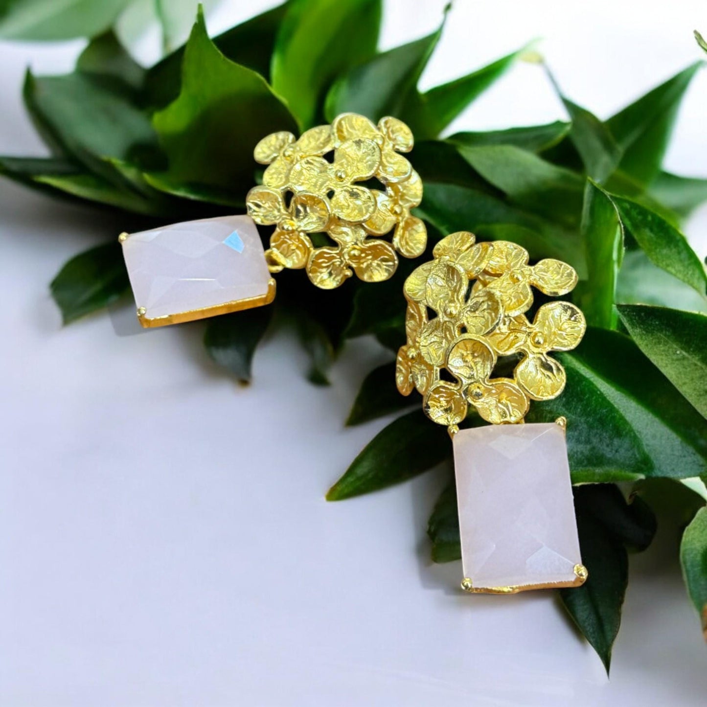Handmade Floral Brass Earrings with Pink Chalcedony | Gold Plated Statement Dangle Earrings | Boho Wedding Jewelry | Gift for Her