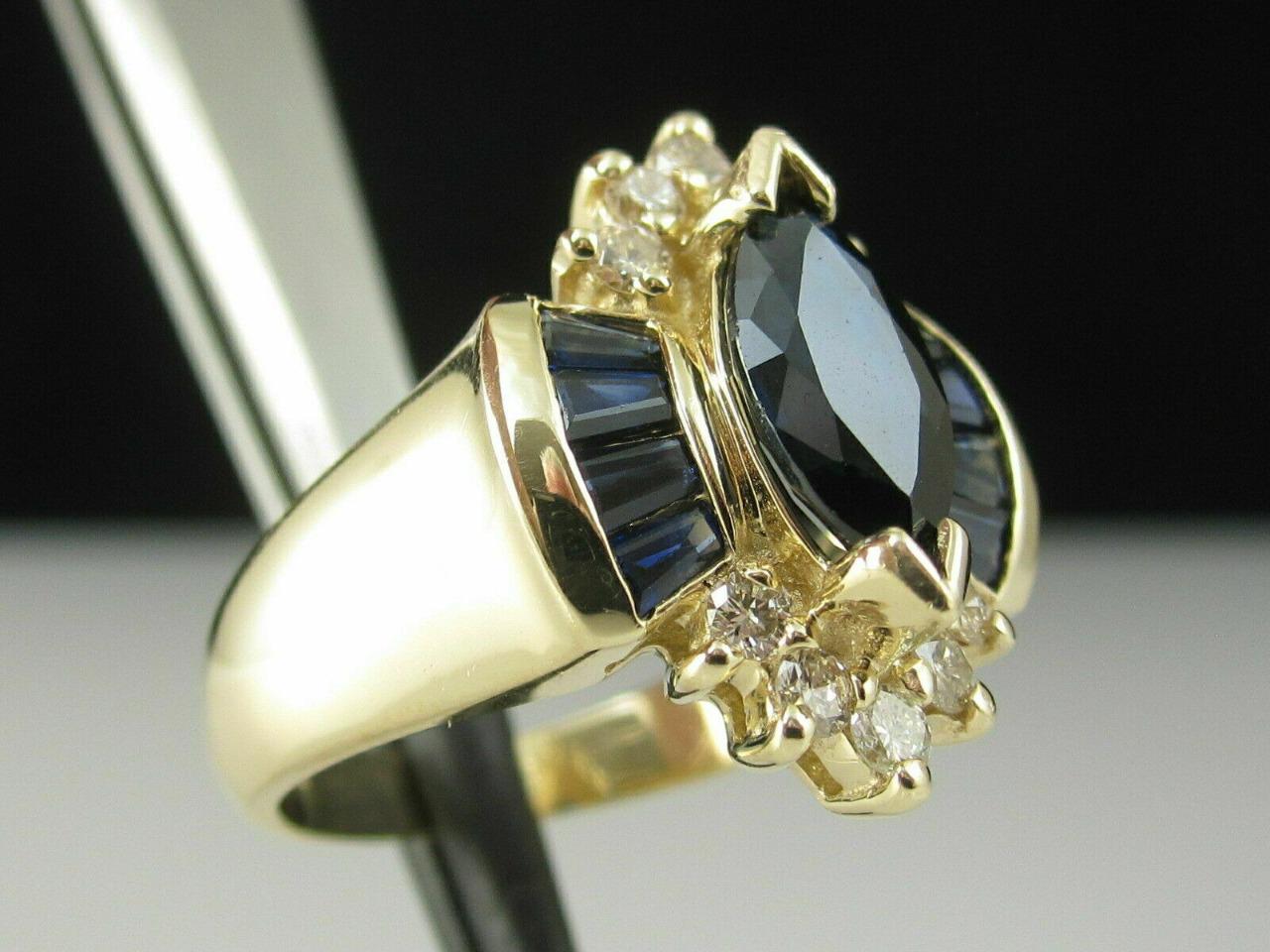 Vintage Simulated Marquise Blue Sapphire with CZ Diamond Ring in 18K Yellow Gold Plated 925 Silver