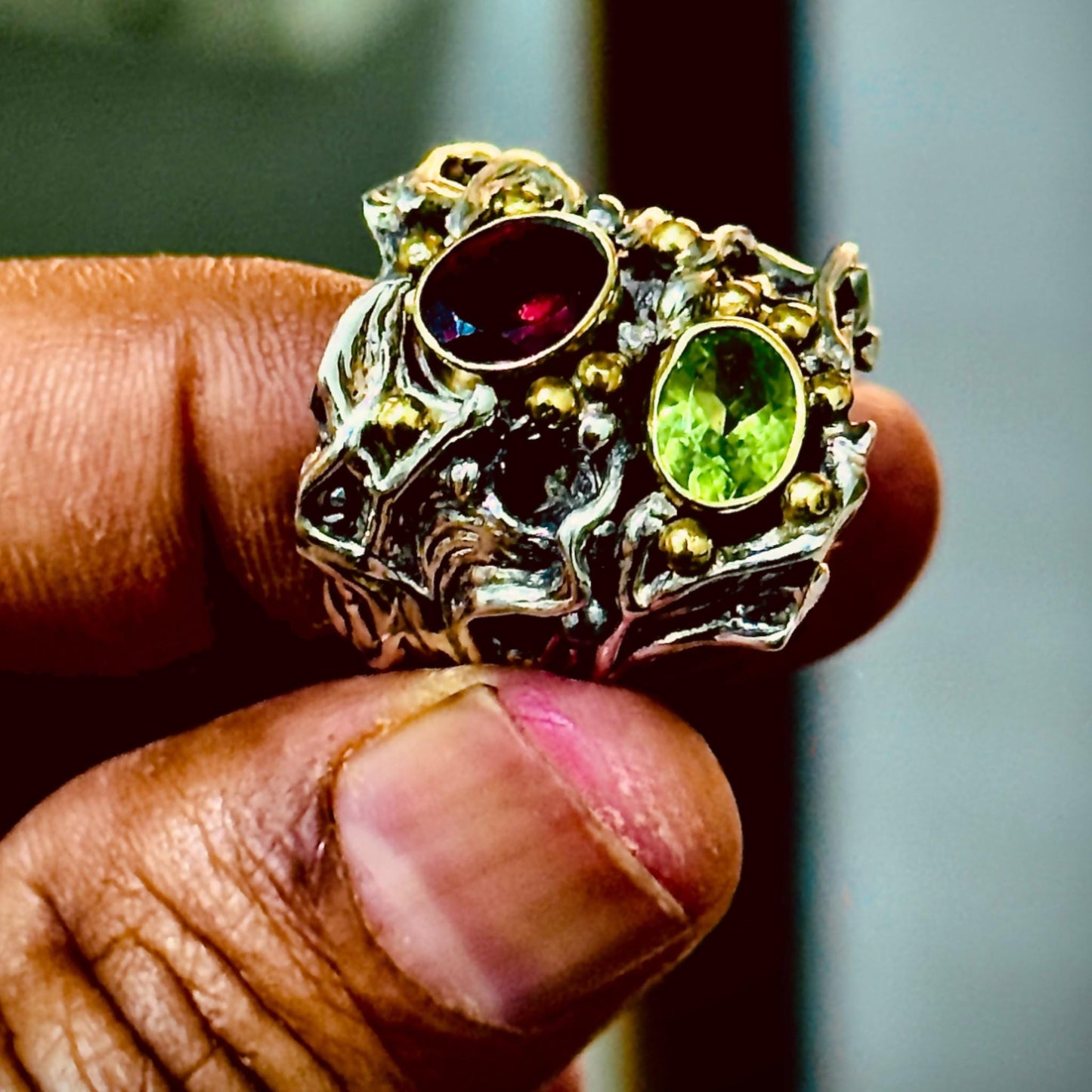 Handmade 925 Sterling Silver Statement Ring with Natural Peridot & Garnet | Artisan Textured Gemstone Ring | Unique Boho Jewelry for Her.
