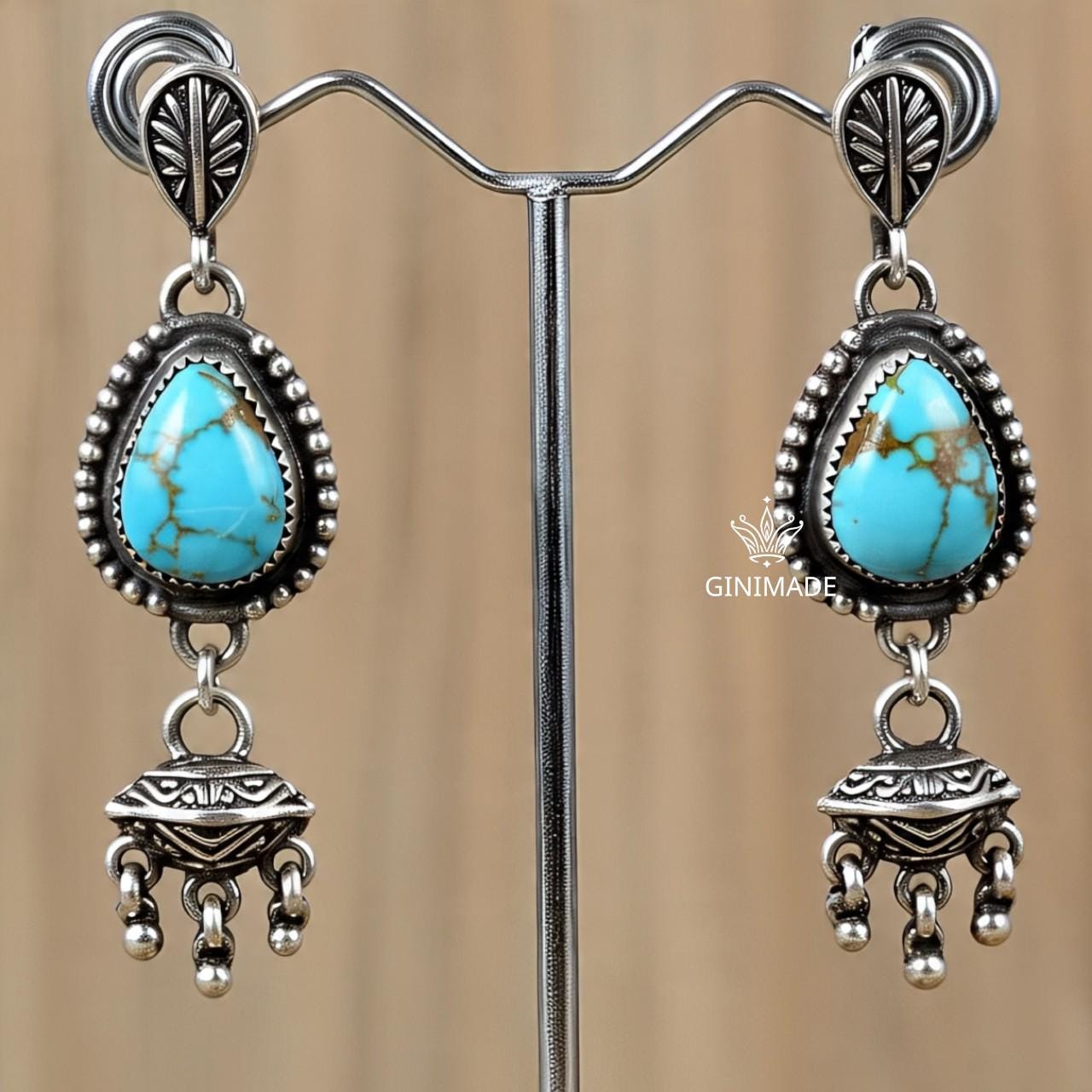 Boho Turquoise Drop Earrings | Handmade Tribal Silver Dangle Earrings | Teardrop Gemstone Oxidized Earrings | Ethnic Indian Jewelry