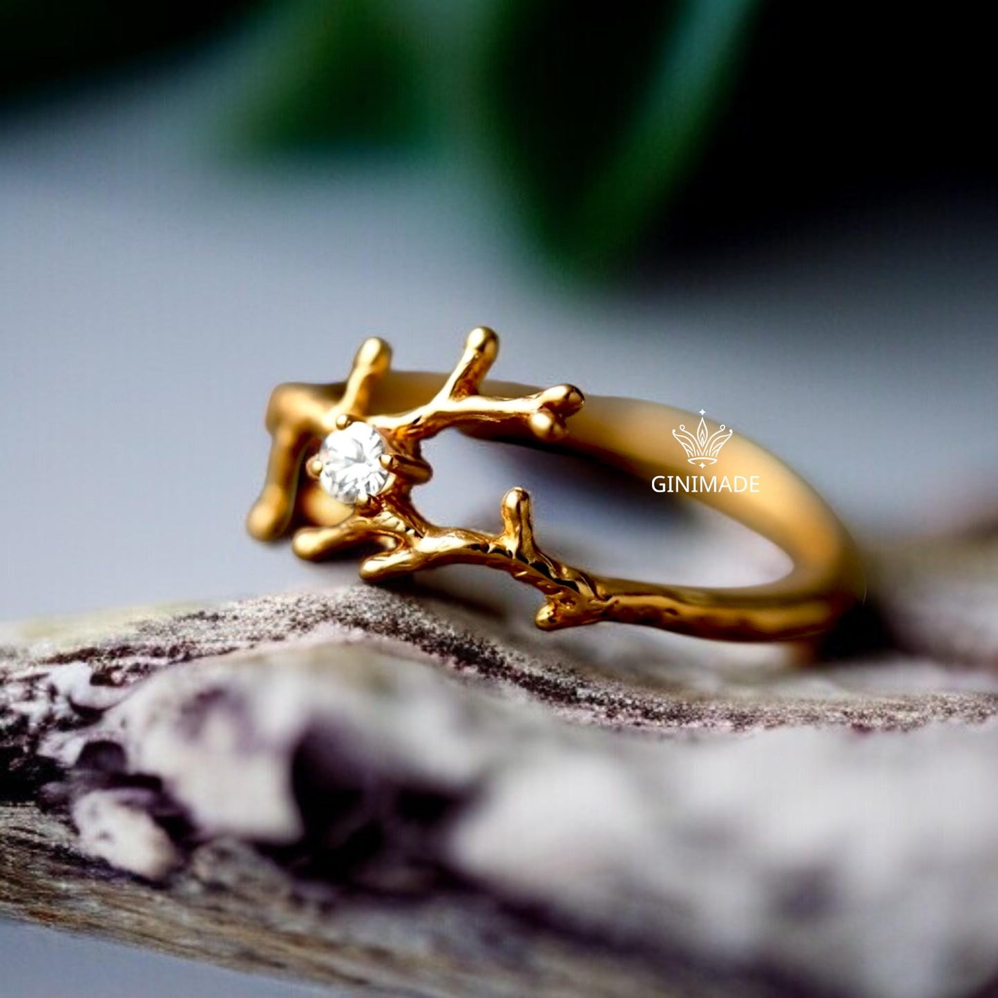 Gold Twig Branch Ring with CZ Diamond | Nature Inspired Gold Plated Band | Woodland Engagement Ring | Dainty Tree Branch Jewelry Gift