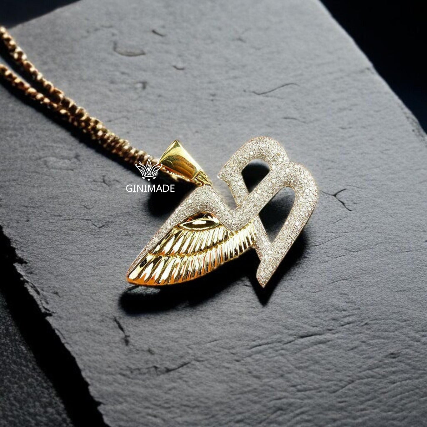 Custom Gold Initial B Pendant with Angel Wing – Iced Out Letter Charm Necklace for Men & Women.