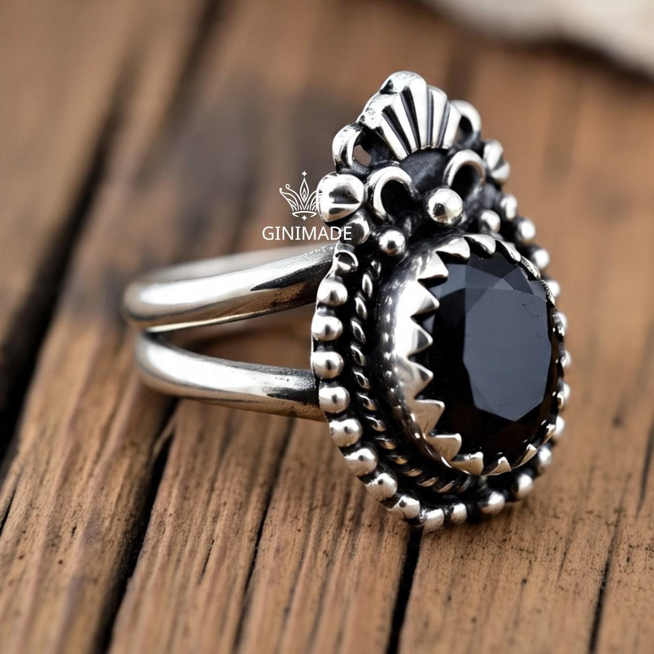 Black Onyx Ring 925 Sterling Silver • Gothic Statement Ring • Handmade Oxidized Silver Ring • Vintage Boho Jewelry • Unique Gift for her.