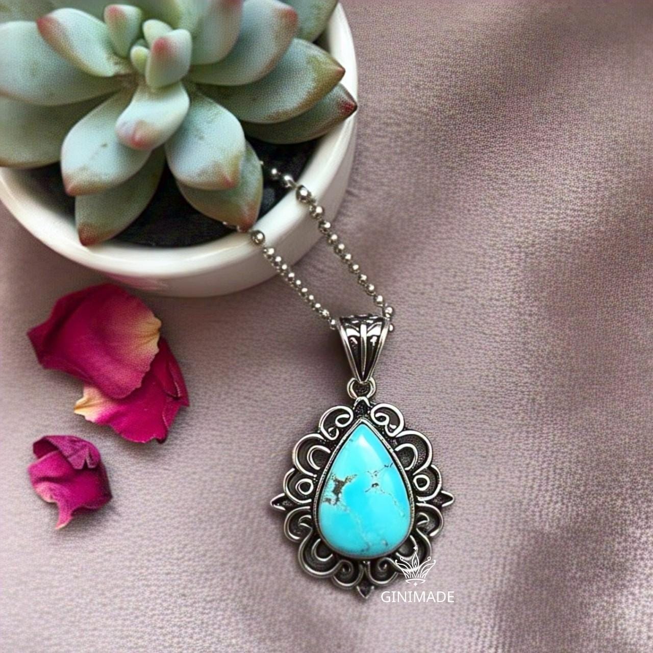 Copper turquoise Pendant Pear – 925 Sterling Silver Boho Necklace, Natural Gemstone Jewelry, Handmade Vintage Gift for Her
