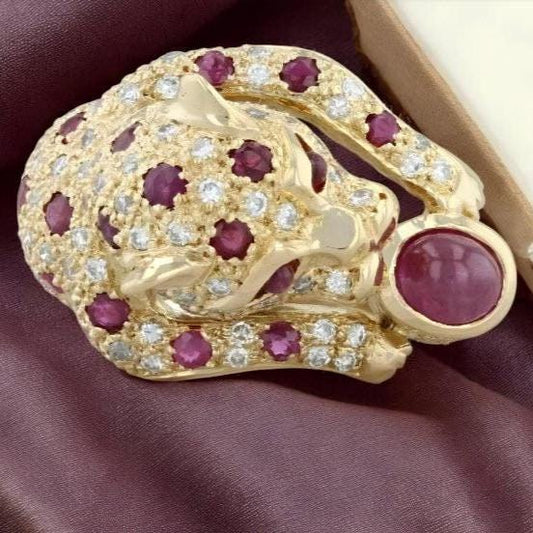 Unique CZ Ruby and CZ Diamond  Panther Leopard Ring in 14k Yellow Gold Plated Silver 925 – Elegant Animal Inspired Jewelry