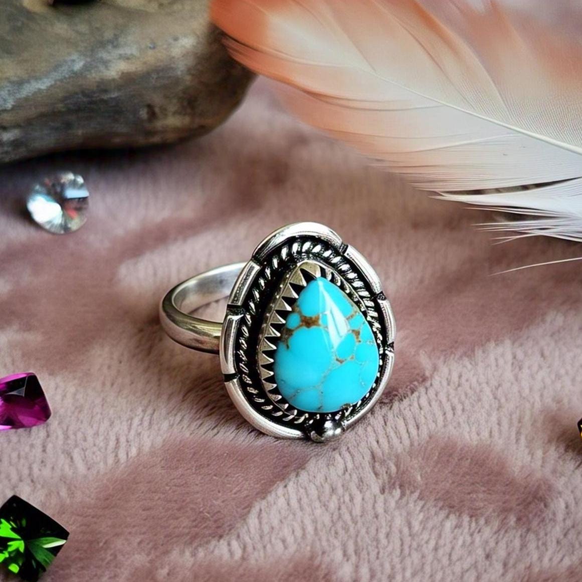 Copper turquoise Rings – Pear Gemstone in 925 Sterling Silver, Boho Natural Vintage-Inspired Bohemian Jewelry, Handmade Gift for Her