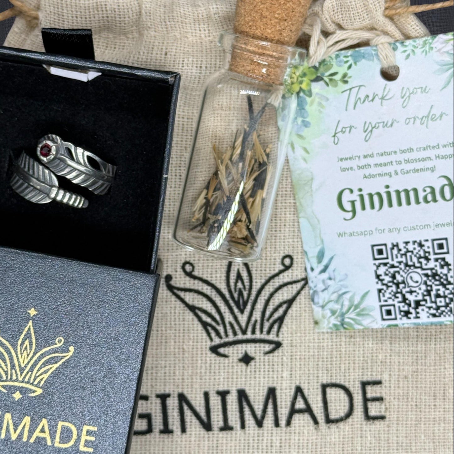 Feather Wrap Ring with Natural Rhodolite | 925 Sterling Silver Boho Ring | Adjustable Bird Feather Ring | Gift for Her | Handmade Jewelry.