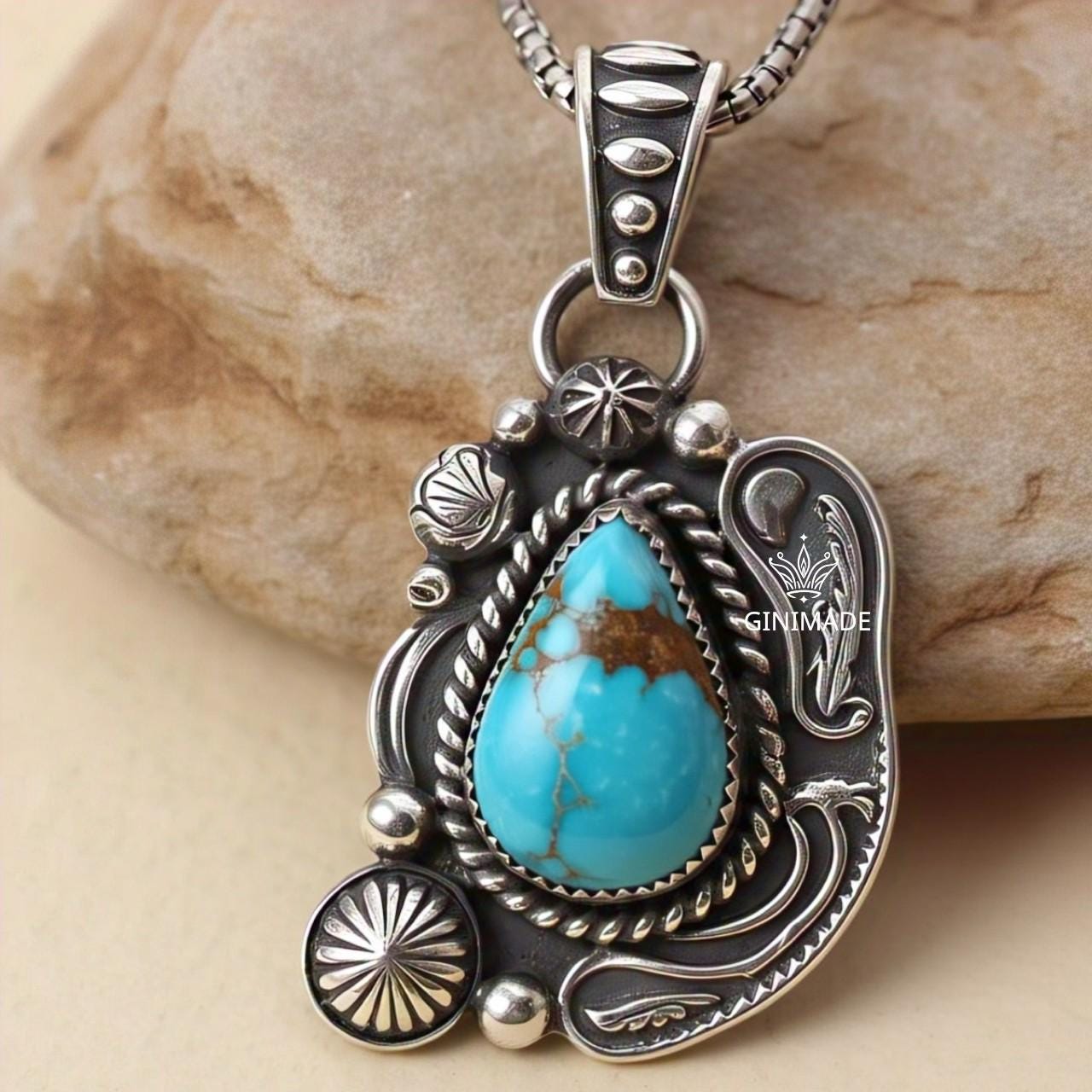 Copper turquoise Pendant Pear – 925 Sterling Silver Boho Necklace, Natural Gemstone Jewelry, Handmade Vintage Gift for Her