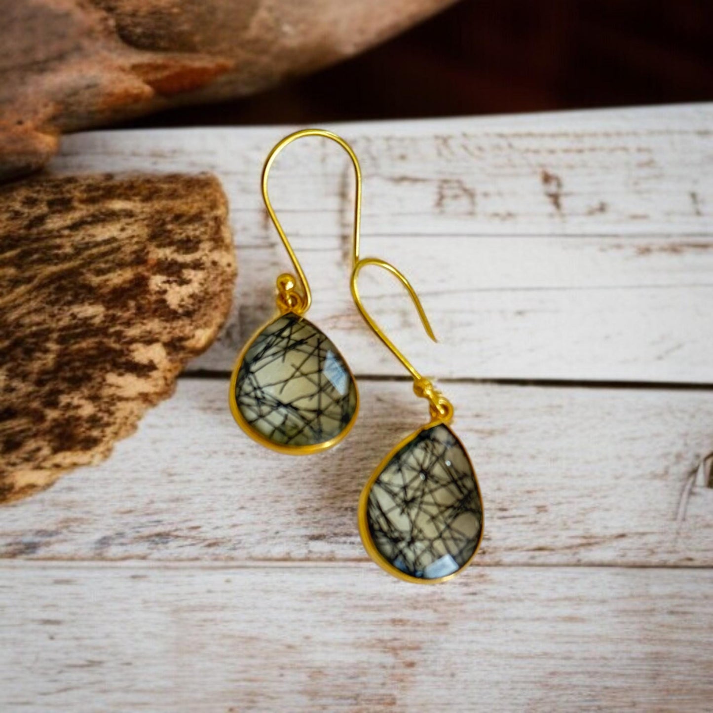 Handmade Rutilated Quartz Earrings – Teardrop Gemstone Dangle Earrings – Gold-Plated Jewelry Gift for Women